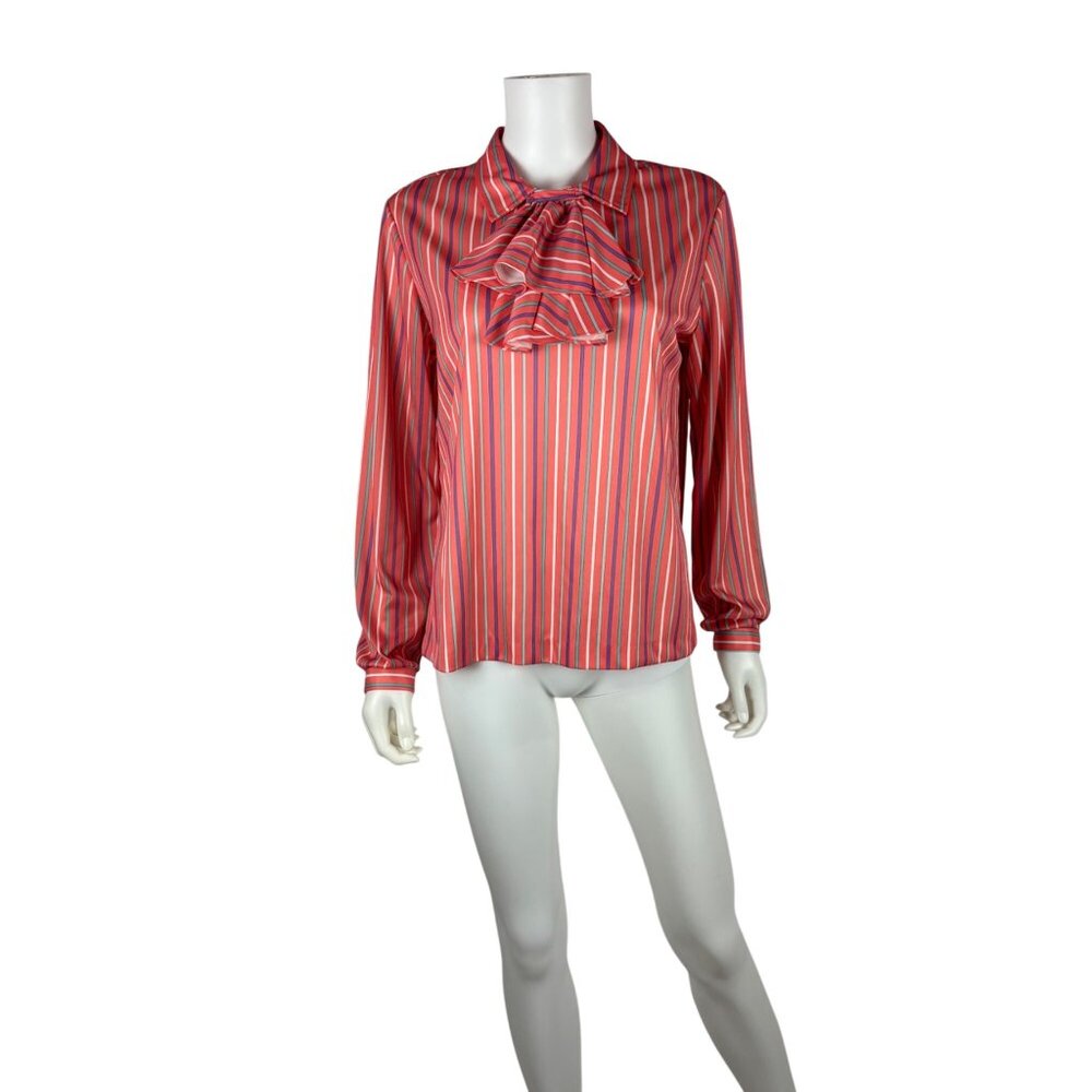 Vintage 80s Striped Blouse Womens M Salmon Pink Pastel Detachable Ascot Secretar